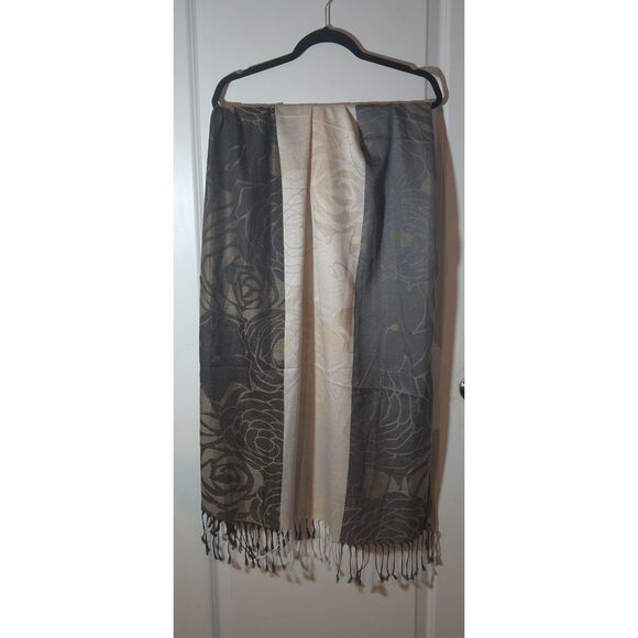 Reversible Floral Rose Pashmina Scarf Shawl Wrap Fringe Black Beige Gray - Picture 1 of 3